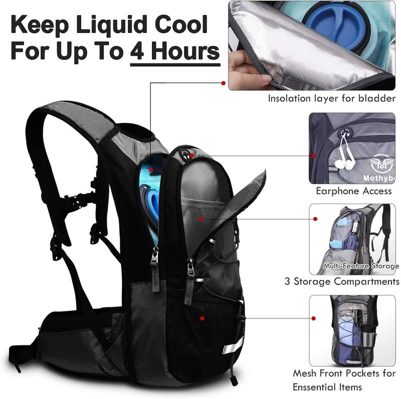 Mothybot Insulated Hydration Backpack Pack with 3L BPA Free Leak Proof Water Bladder, Large Storage Lightweight Hiking Daypack with Waist Pouches & Cooler Layer, for Running, Biking, Camping, Festival - Image 4